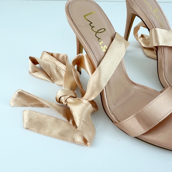 Lulu’s Gold Satin Lace Up High Heel Sandals - Picture 9 of 11
